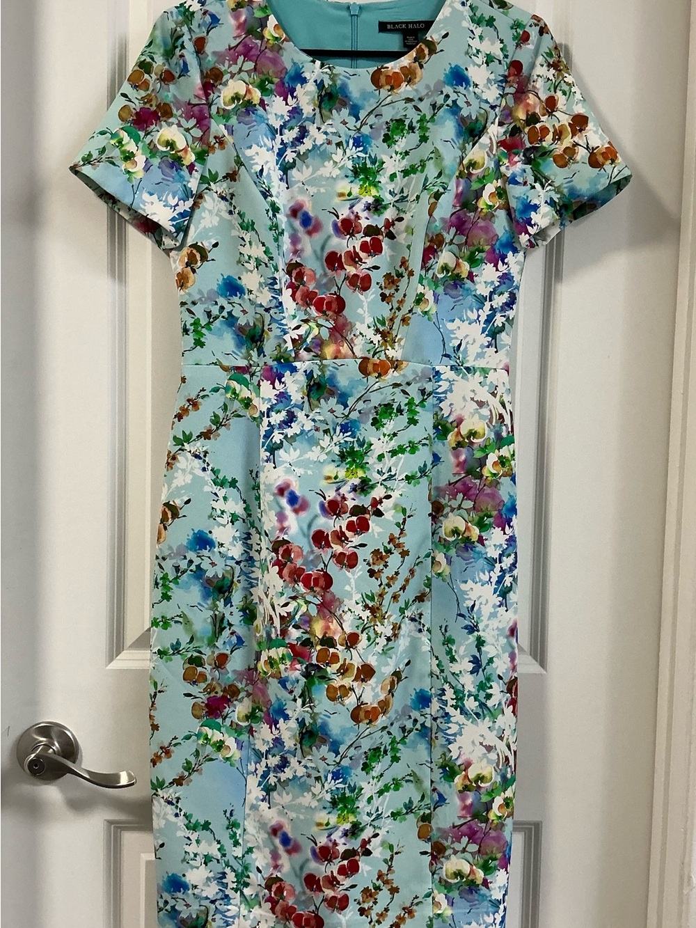 Black Halo Aqua Blue Floral Sheath Dress Size 6 Short Sleeve Pencil Cocktail USA